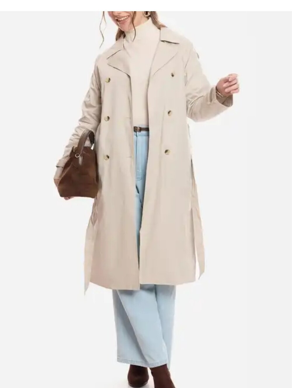 Fore Womens Belted Trench Coat - Beige Size L - Picture 2 of 10
